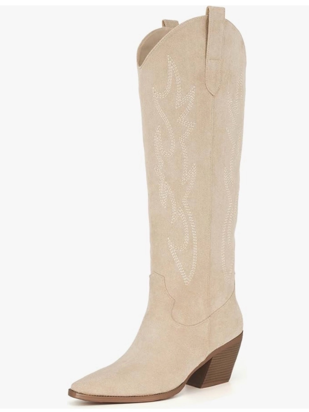 Beige Suede Western Knee-High Boots with Stacked Heel